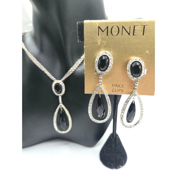 Monet Black Rhinestone Necklace & Earrings Set New Old Stock Vintage Clip Ons - Picture 7 of 7